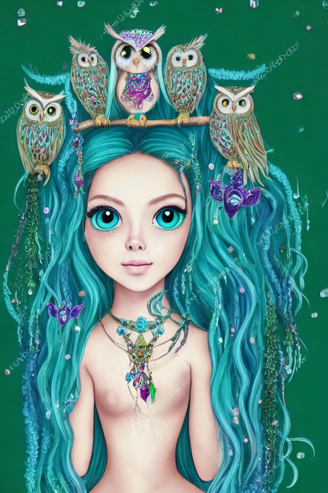 Illustration: Girl with Blue Eyes and Teal Hair Decorated with Owls and Butterflies