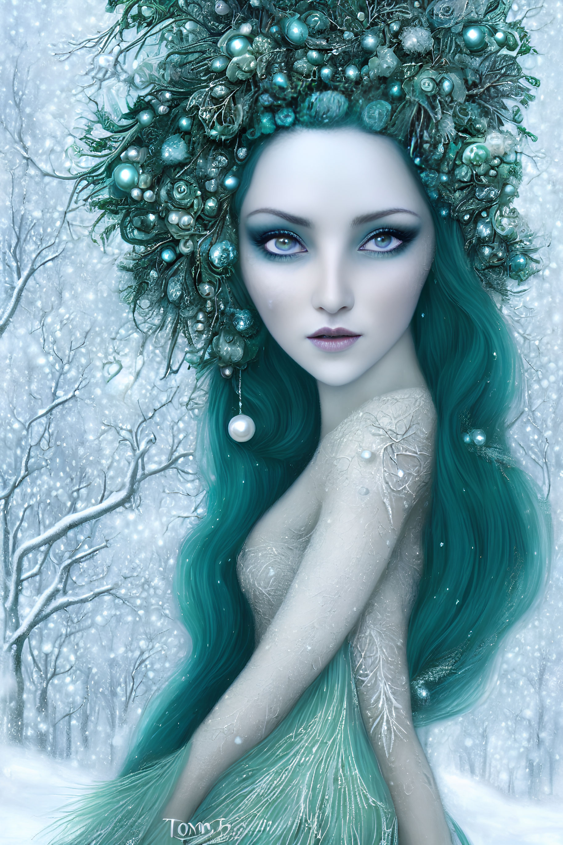 Woman with Blue-Green Hair and Crown in Snowy Forest