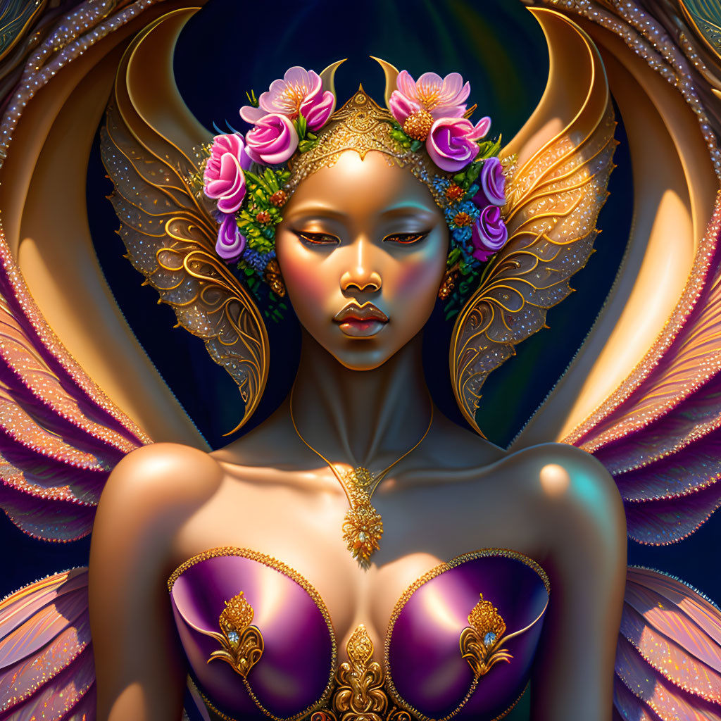 Illustration of woman with golden wings and floral jewelry emitting ethereal aura