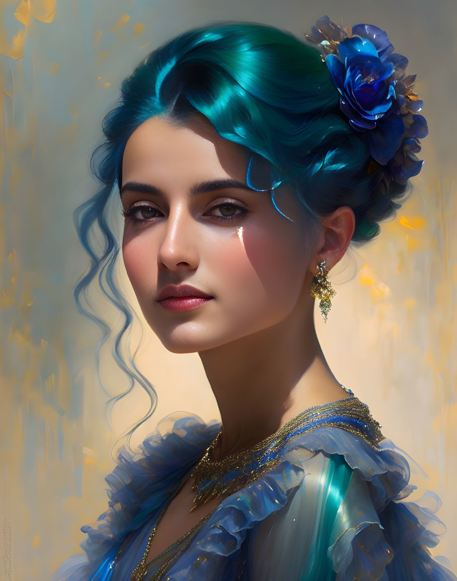 Woman with Vibrant Blue Hair and Flower in Blue Ruffled Outfit