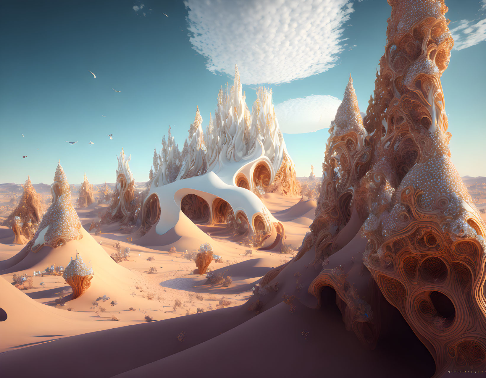 Surreal desert landscape with shell-like structures and trees under blue sky