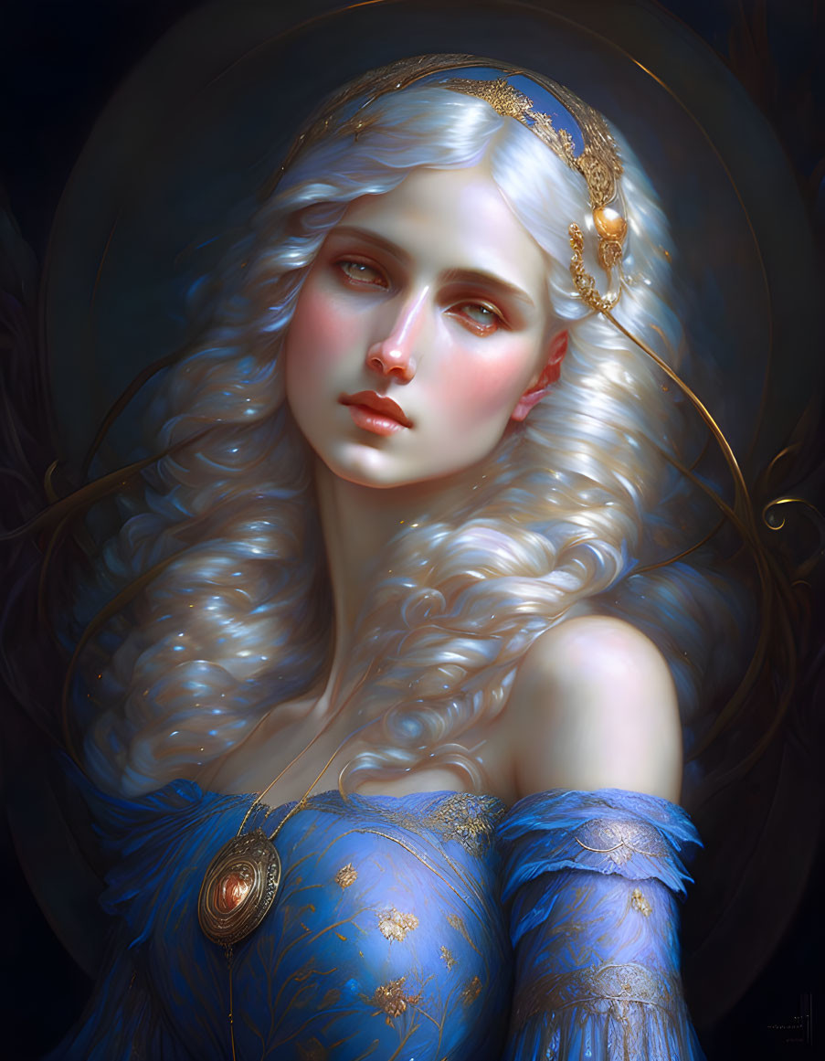 Fantasy character portrait with pale skin, long white hair, radiant halo, blue dress, gold accents