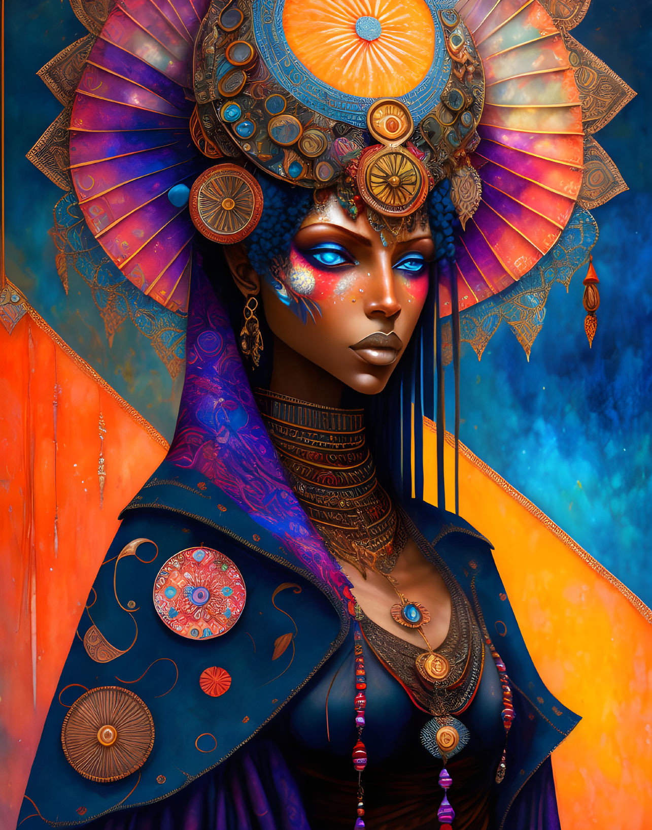 Colorful digital portrait of woman with blue skin, celestial headdress, jewelry, and ornate robes