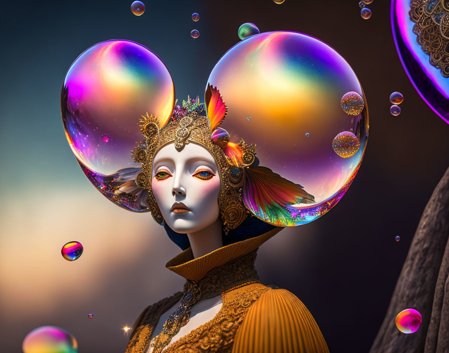 Surreal portrait of woman with ornate headdress and iridescent hair bubbles