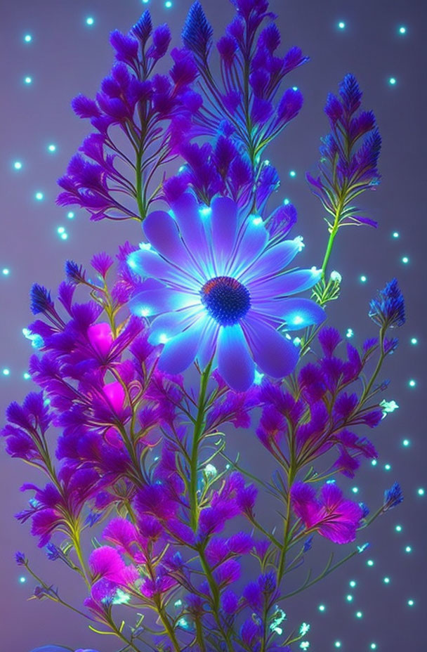 Purple Flowers with Blue Daisy on Soft Background with Glowing Lights