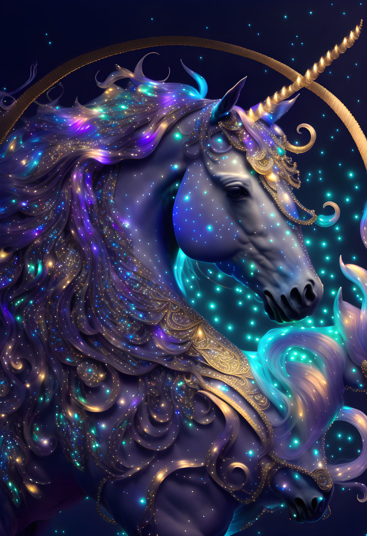 Ethereal unicorn with galaxy mane, golden horn, and starry backdrop