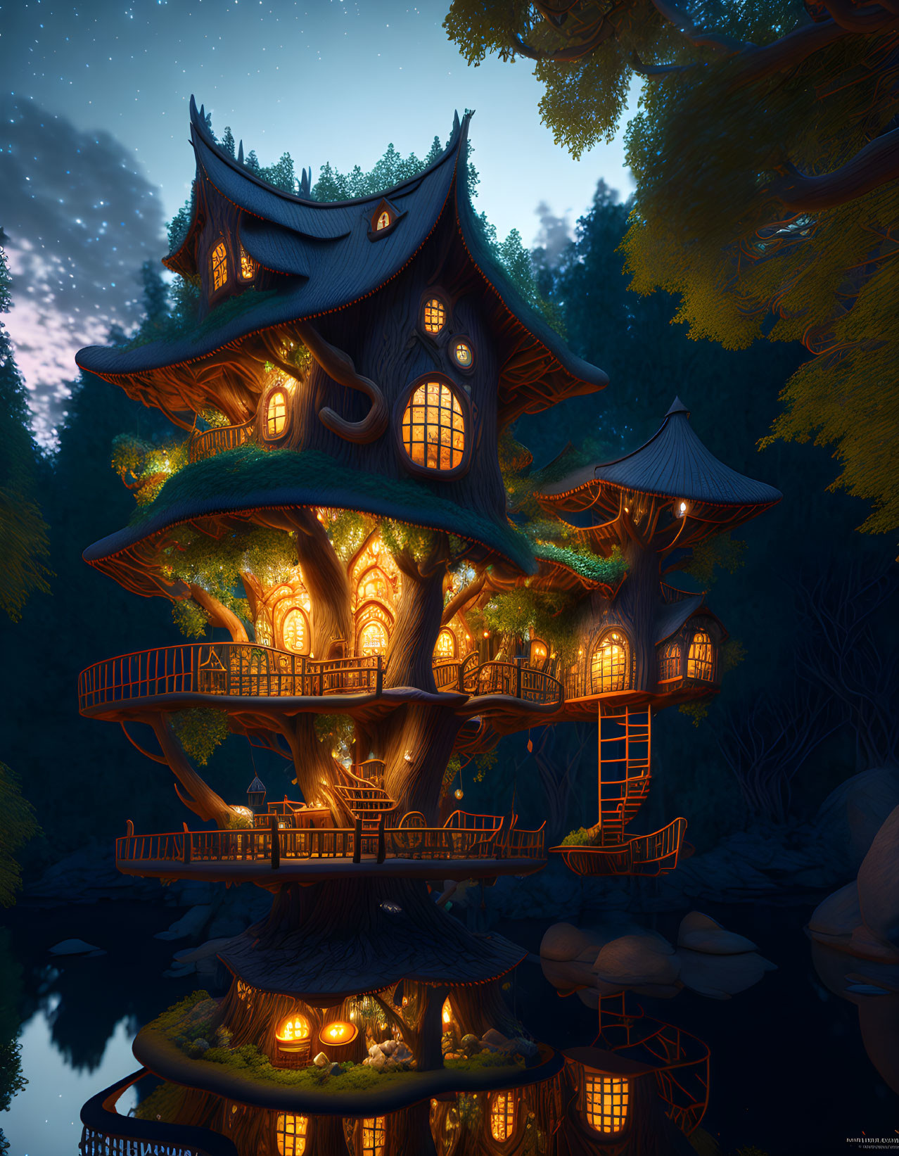 Serene forest twilight scene with glowing treehouse and pond
