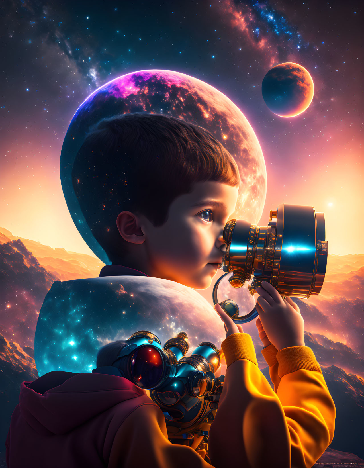 Boy looking thróúgh a telescope at the Planets
