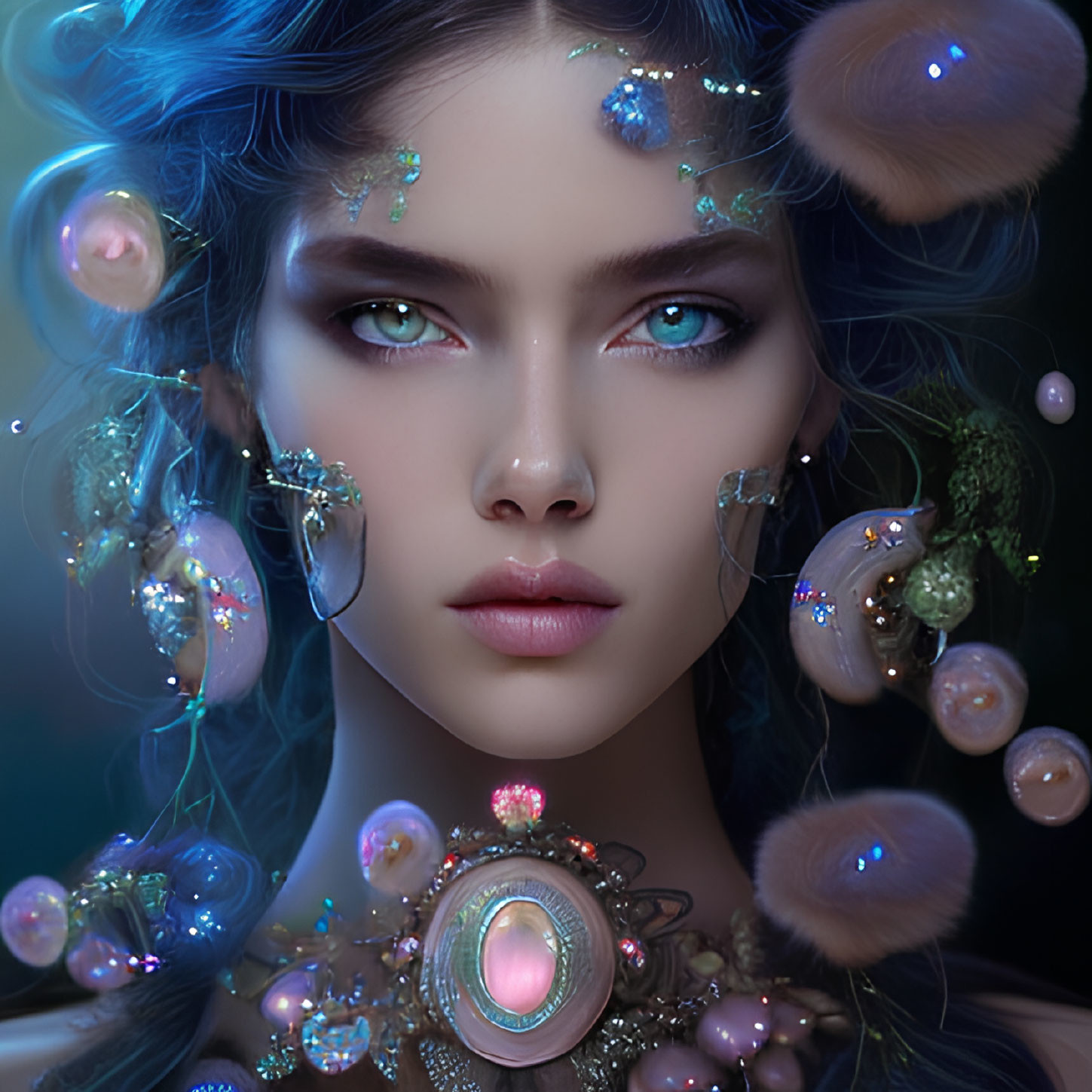 Fantasy portrait of a woman with blue eyes and glowing jewelry surrounded by whimsical flora.