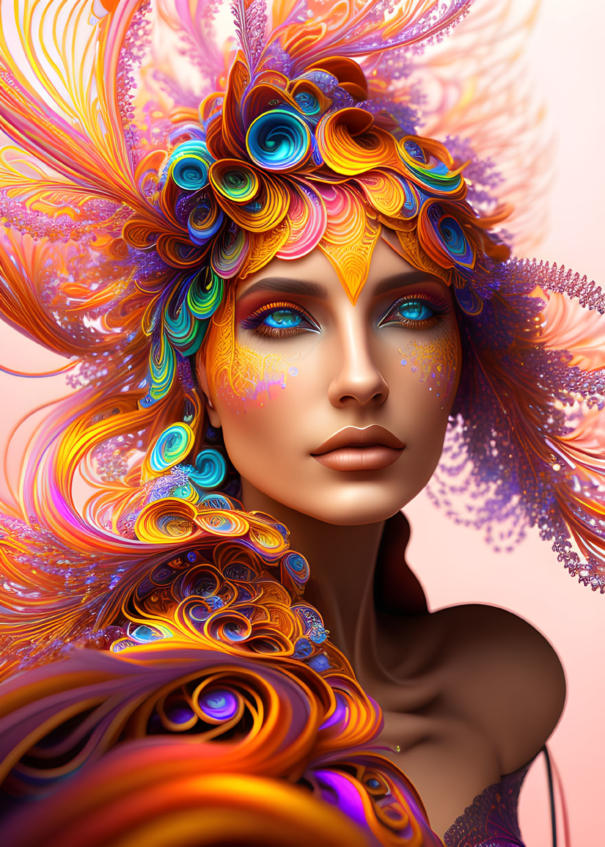 Colorful digital artwork of a woman with ornate headdress and makeup