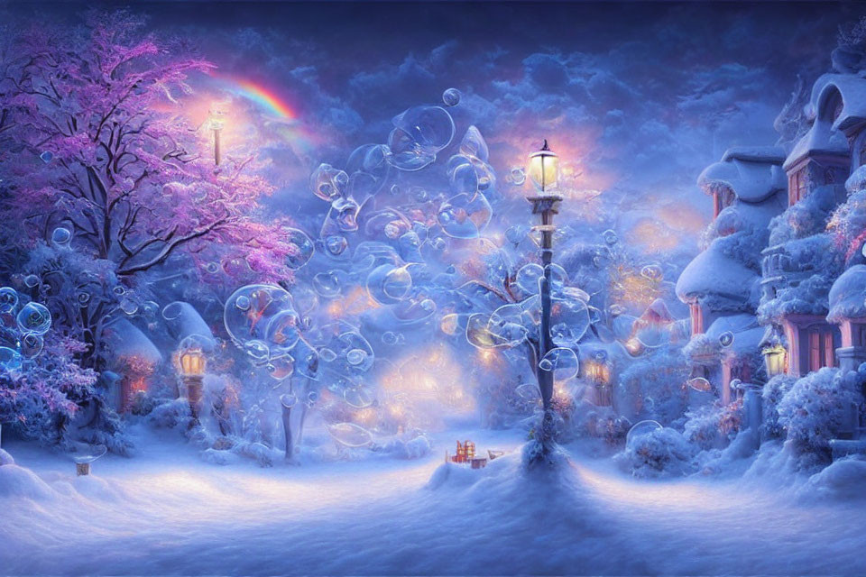 Winter scene with iridescent bubbles, snow-covered trees, lamp post, house, and subtle rainbow
