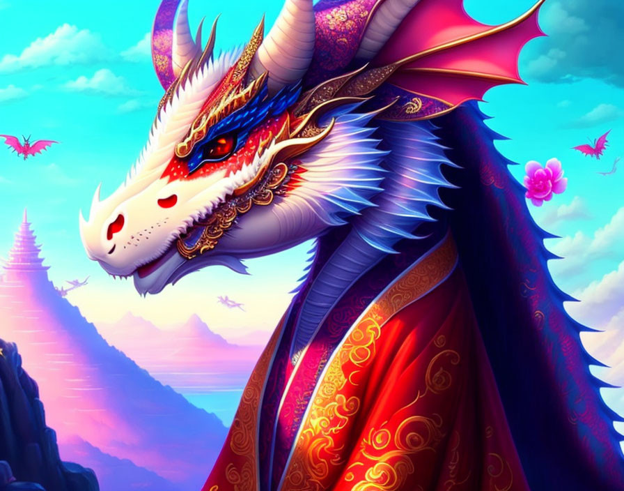 Majestic dragon with intricate patterns and blue eyes in fantasy setting