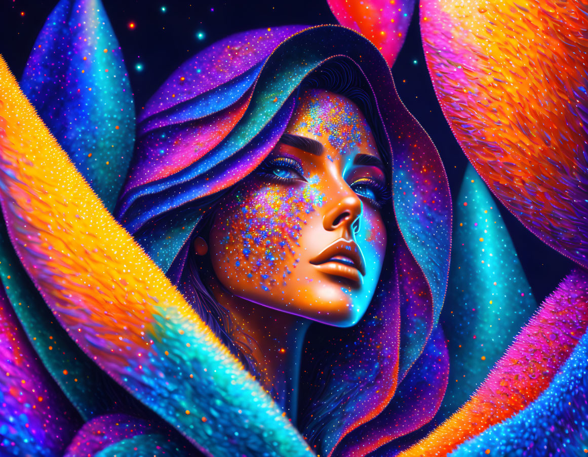 Colorful digital artwork of woman in cosmic setting