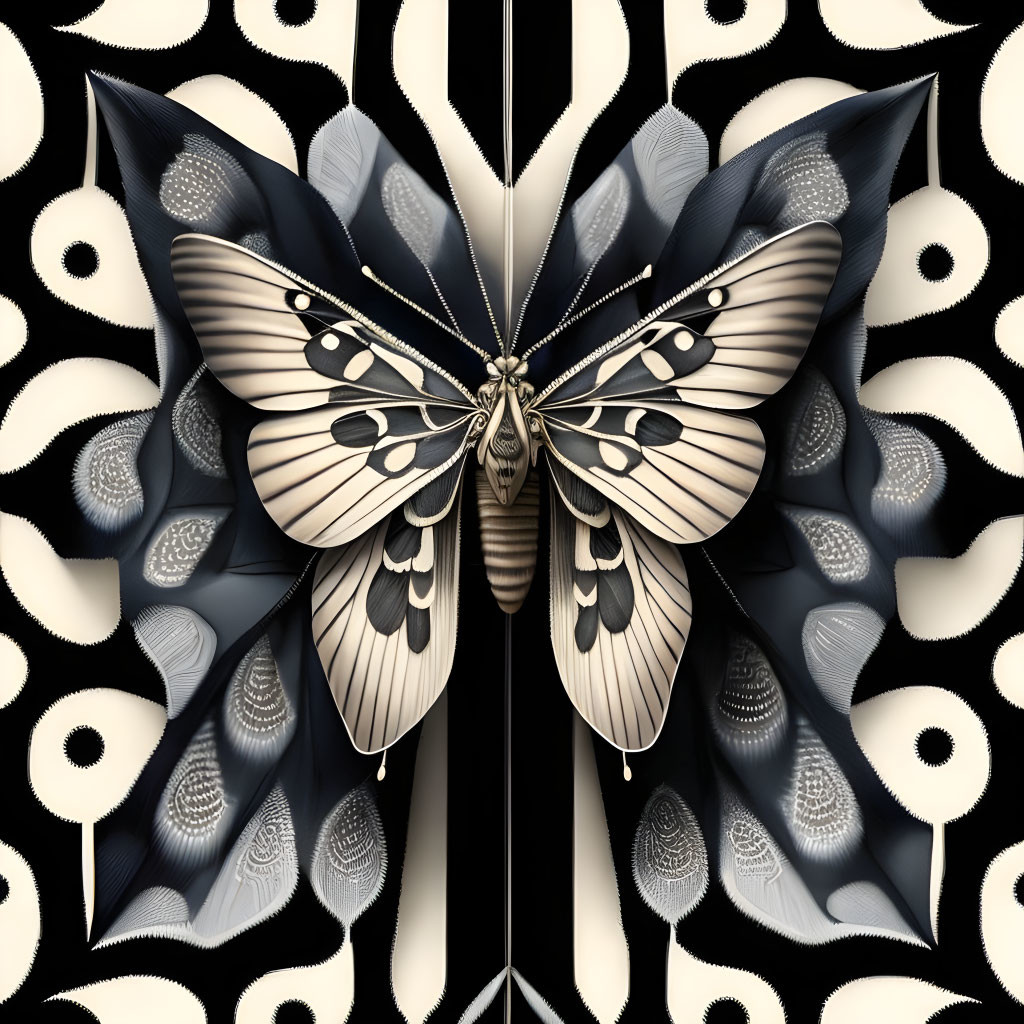 Symmetrical butterfly with intricate wing patterns on abstract background