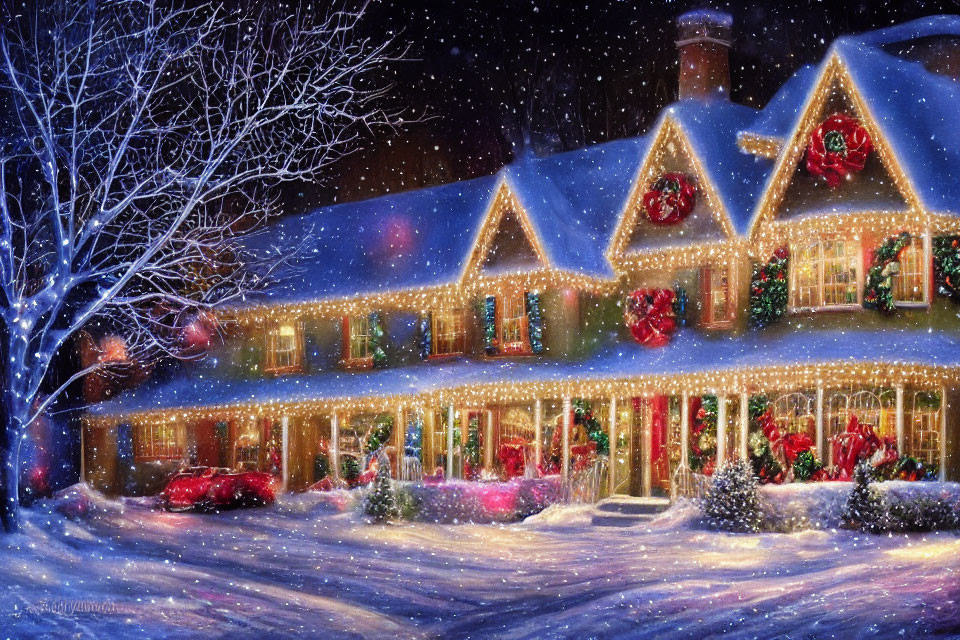 Snow-covered house with Christmas decorations under starry sky