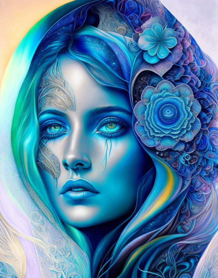 Colorful portrait of a woman with blue skin and intricate floral designs