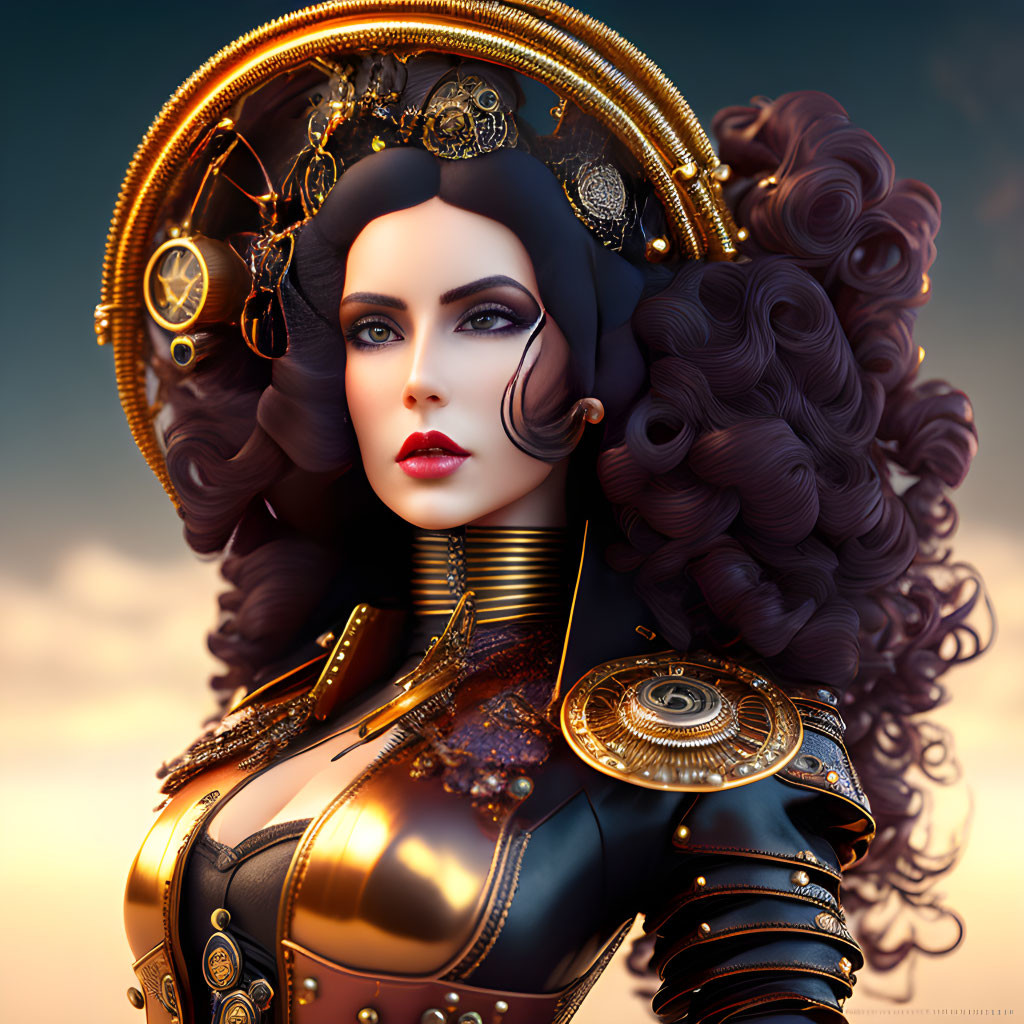 Detailed 3D digital artwork of woman with curly hair in steampunk attire