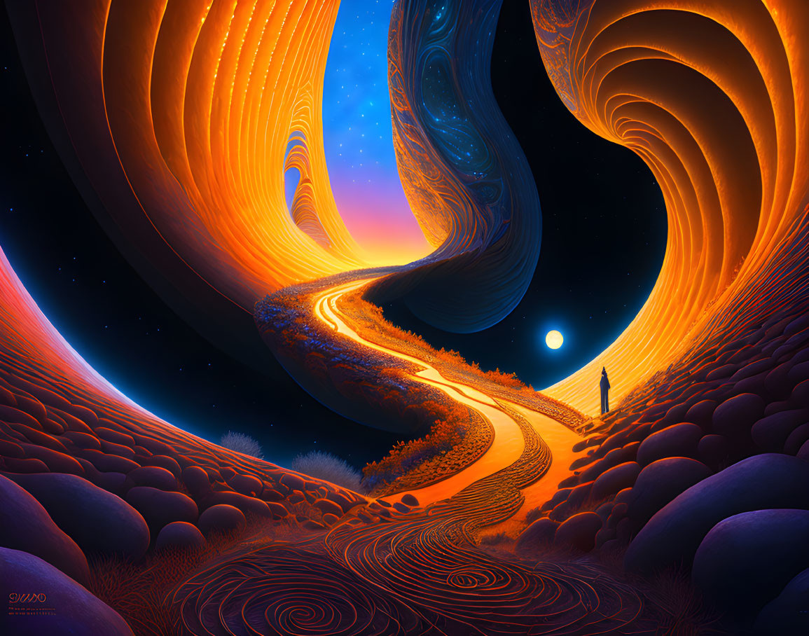 Colorful surreal landscape with winding path and glowing moon