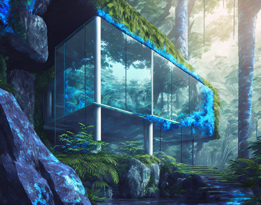 Glass House in Forest with Moss-Covered Trees and Stream