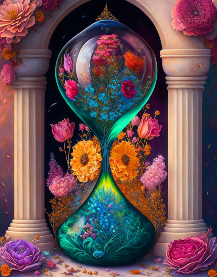 Colorful illustration of hourglass with floral tree inside, surrounded by columns and blossoms