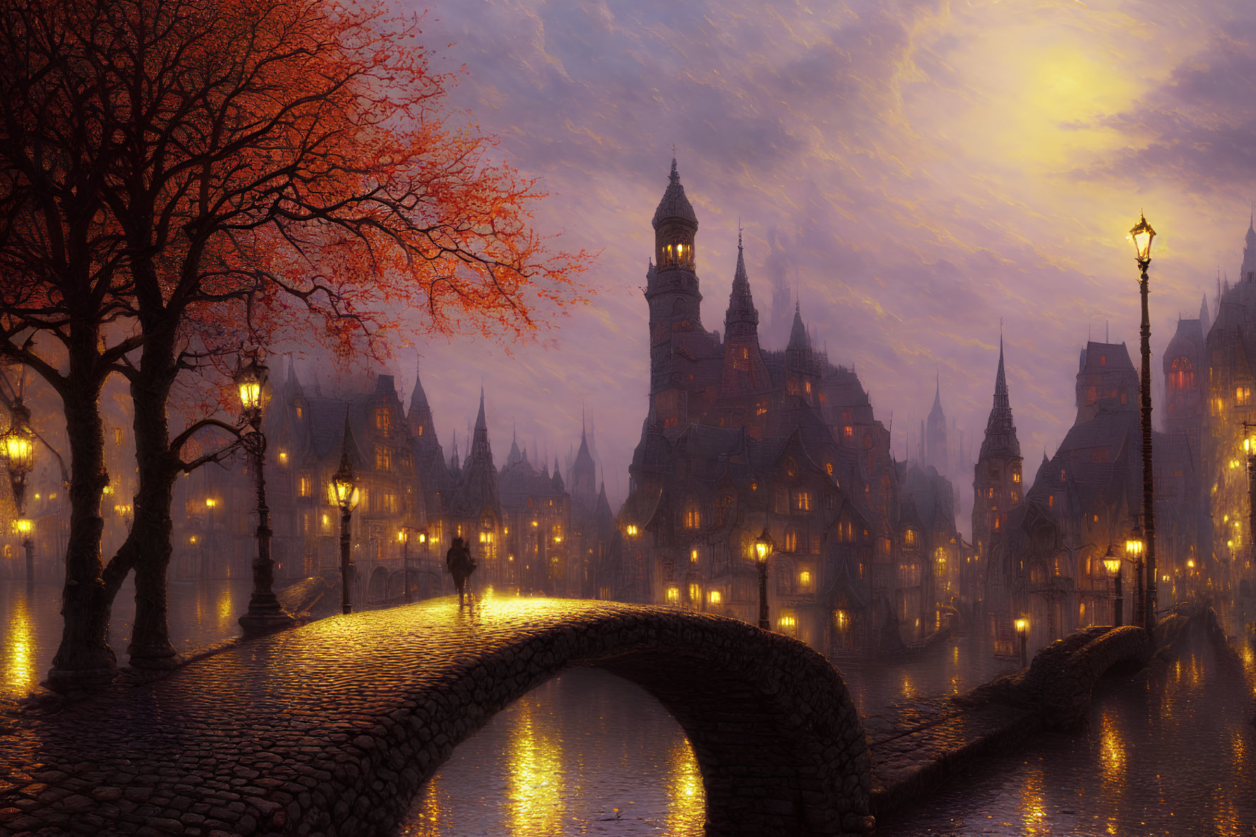 Cobblestone Bridge Over River at Dusk with Street Lamps and Old European Buildings