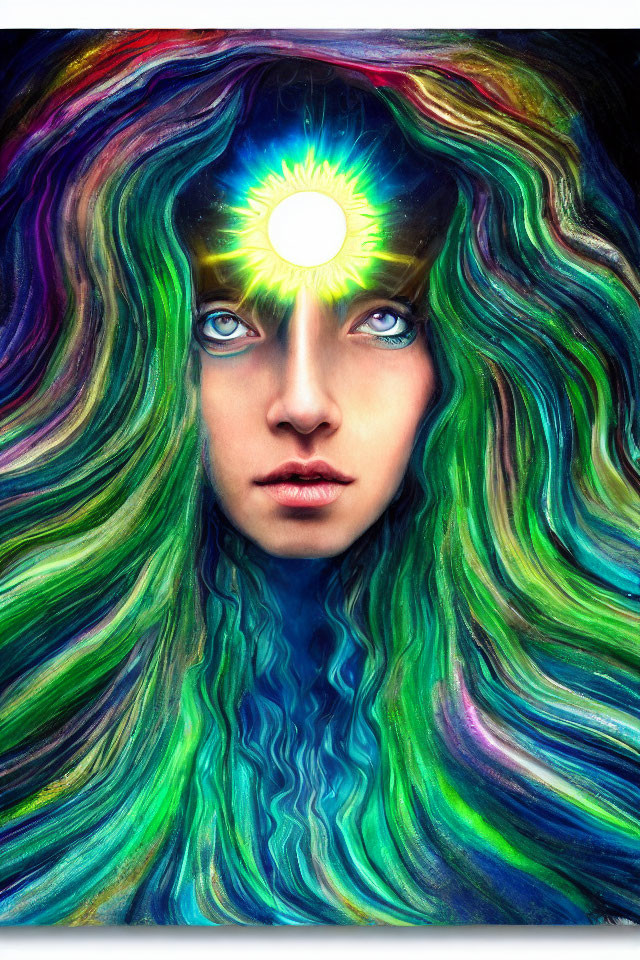 Colorful portrait with luminescent orb and cosmic aurora hair
