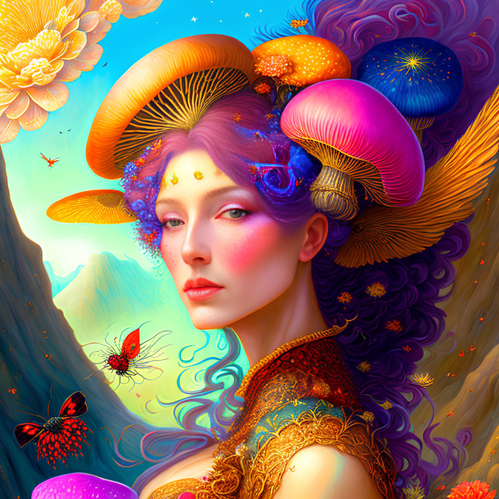 Colorful Mushroom Cap Fantasy Portrait with Butterflies and Celestial Backdrop