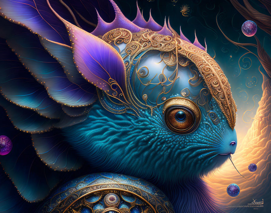 Blue Creature with Golden Markings and Crown in Bubble-filled Scene