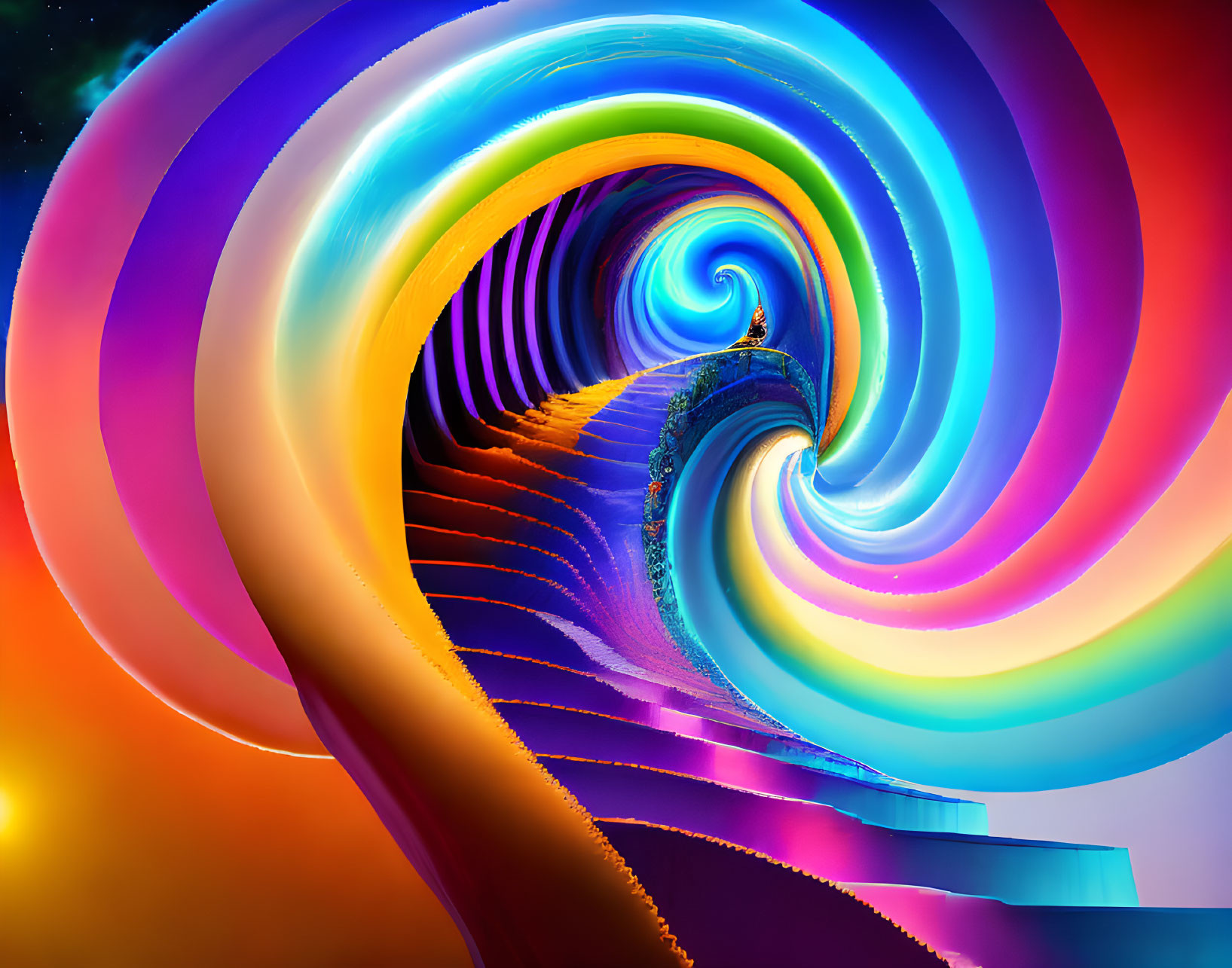 Colorful Rainbow Fractal Spiral on Starry Sky Background