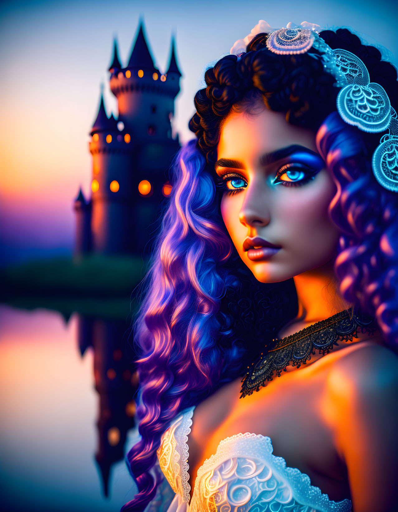 Digital Artwork: Woman with Blue Eyes and Hair, Sunset Scene with Castle Reflection