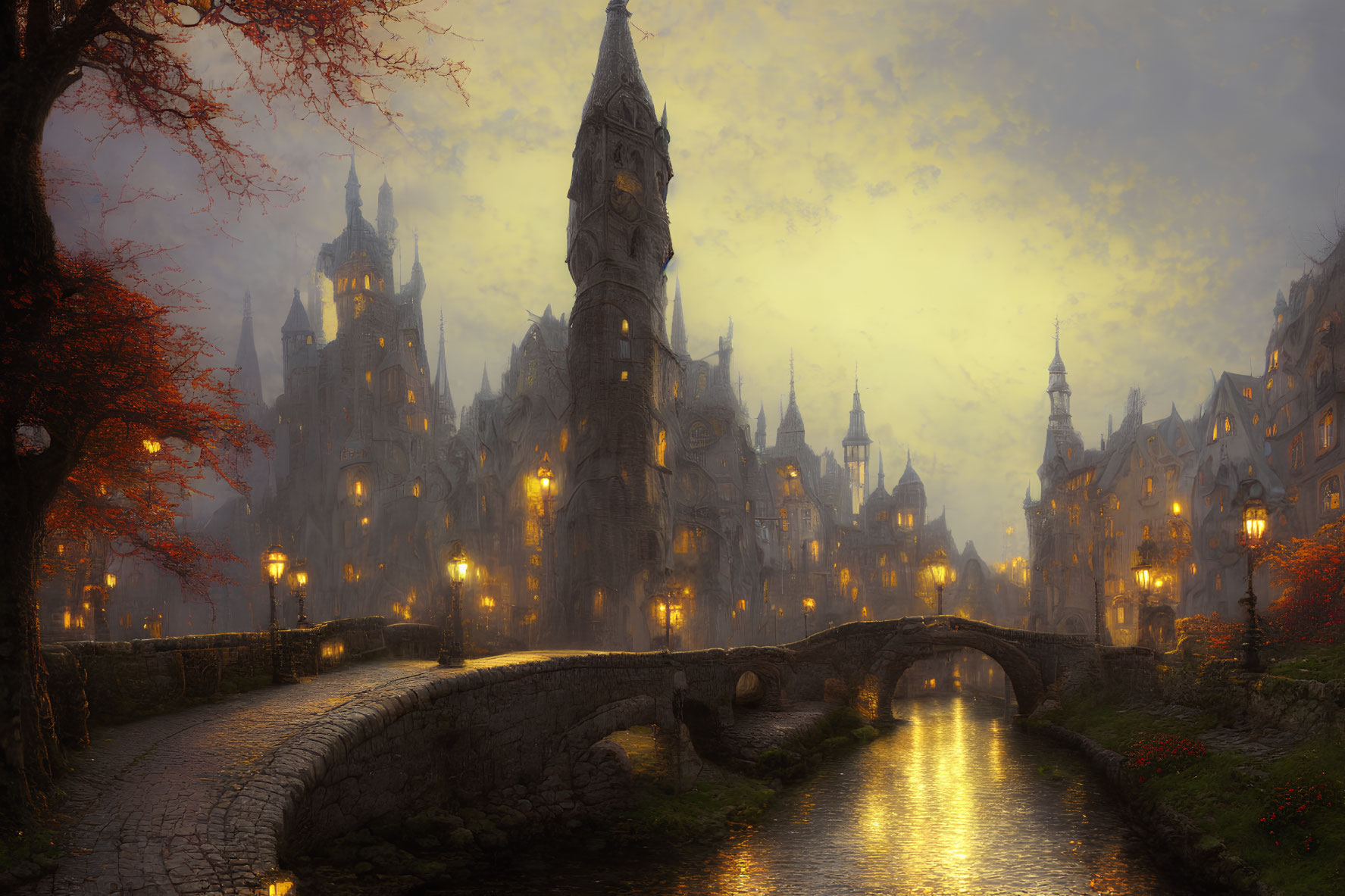 Medieval fantasy cityscape at twilight with stone buildings, spire, bridge, and autumn foliage