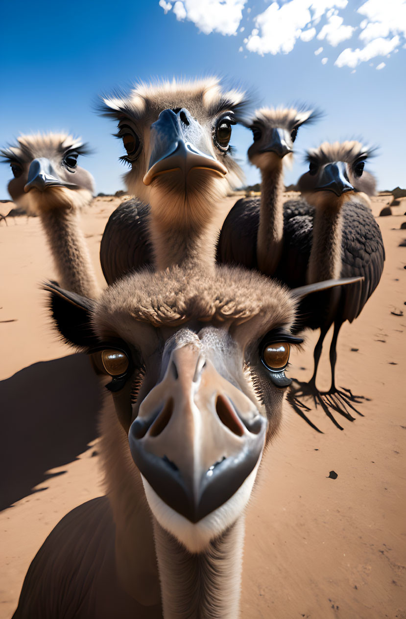 Curious ostriches with expressive eyes in desert landscape