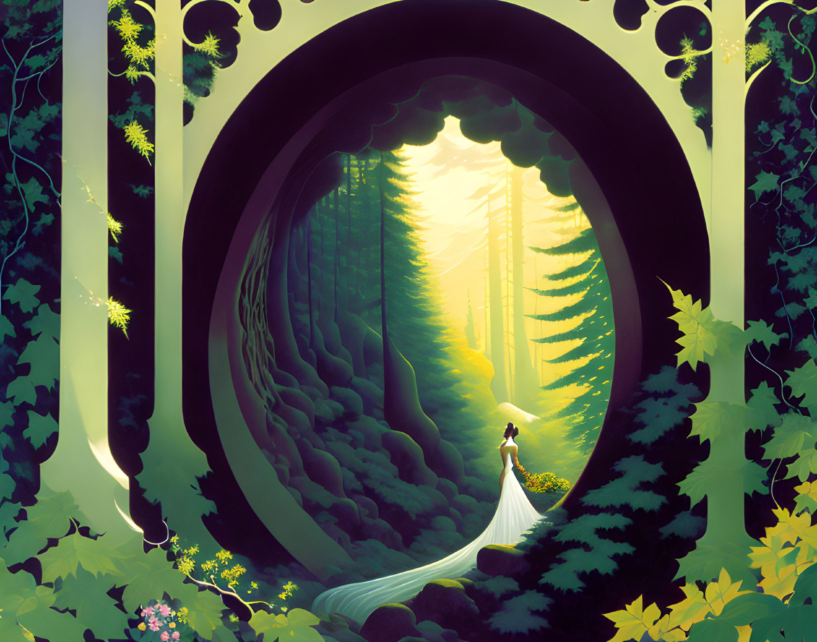 Solitary figure in forest tunnel entrance with warm light and lush greenery