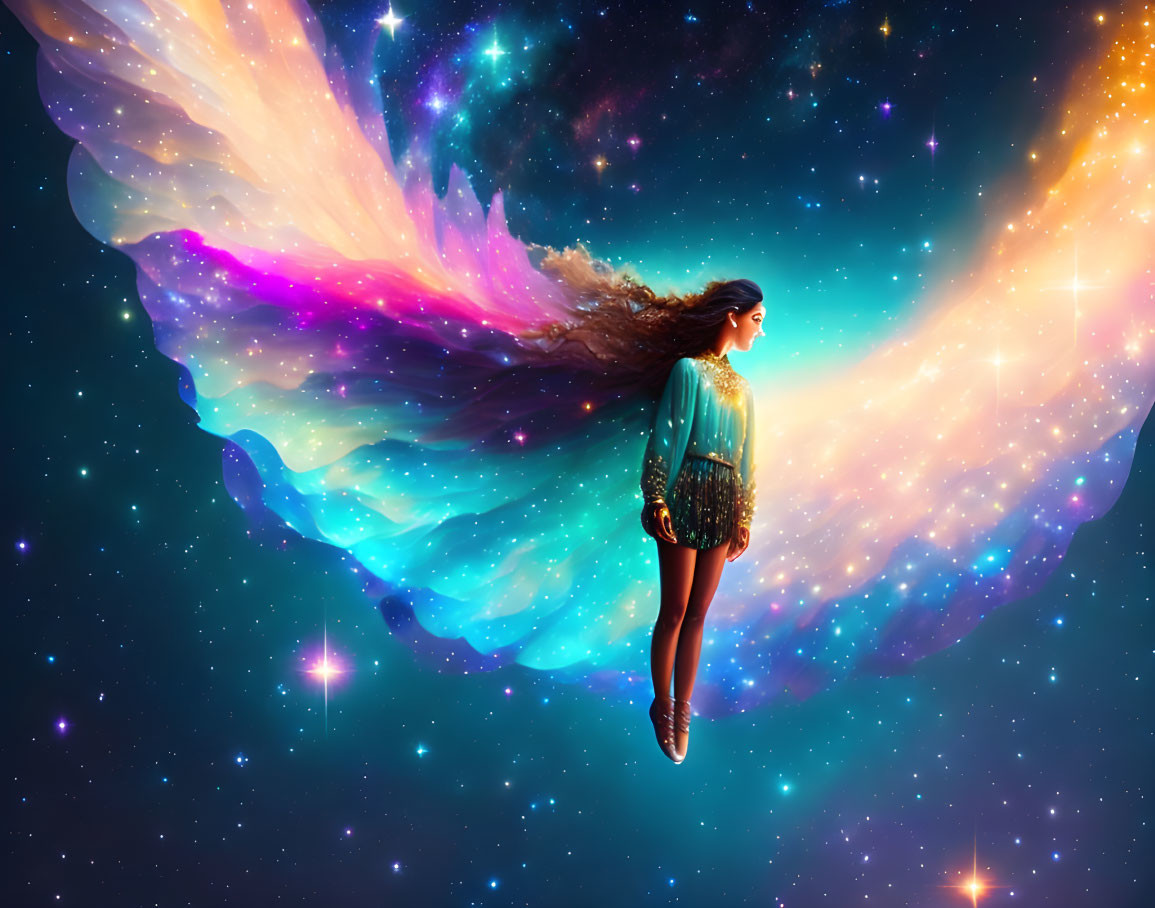 Colorful cosmic wings woman in starry space symbolizing freedom.