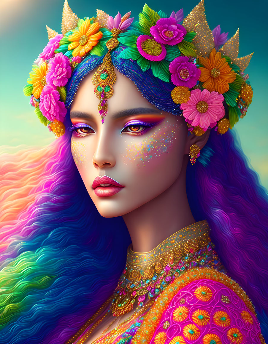 Vibrant digital art: woman with rainbow hair, floral crown, golden jewelry on gradient background
