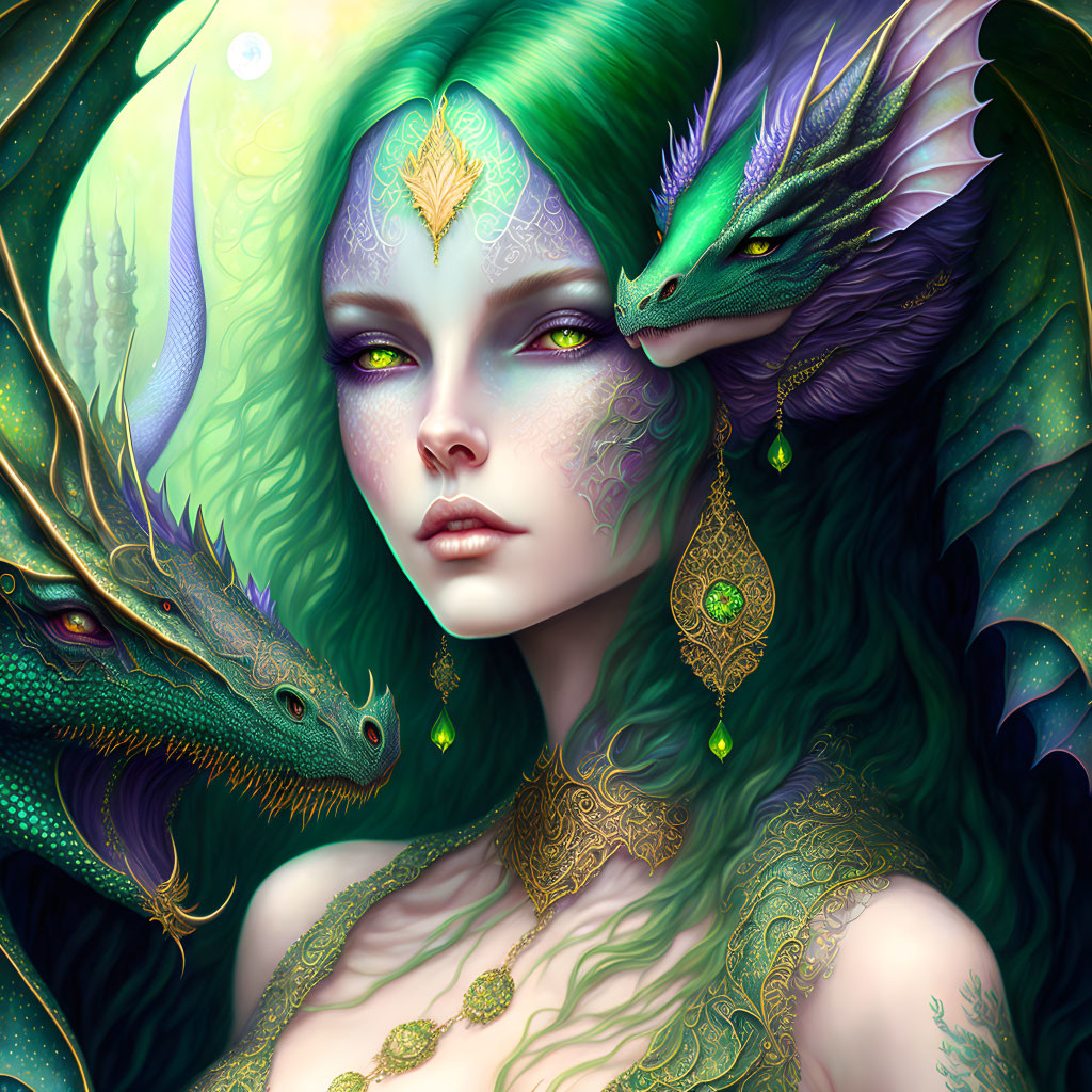 Fantastical green-skinned woman with elven ears and gold jewelry next to emerald dragon