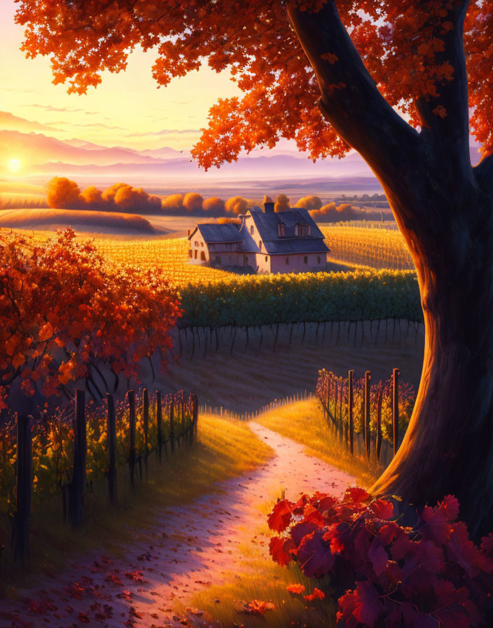 Autumn vineyard scene with sunset, winding path, quaint house, and red tree
