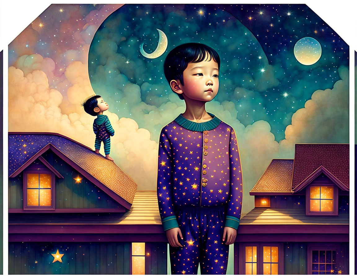 Child in Star-Patterned Pajamas with Dreamlike Night Sky