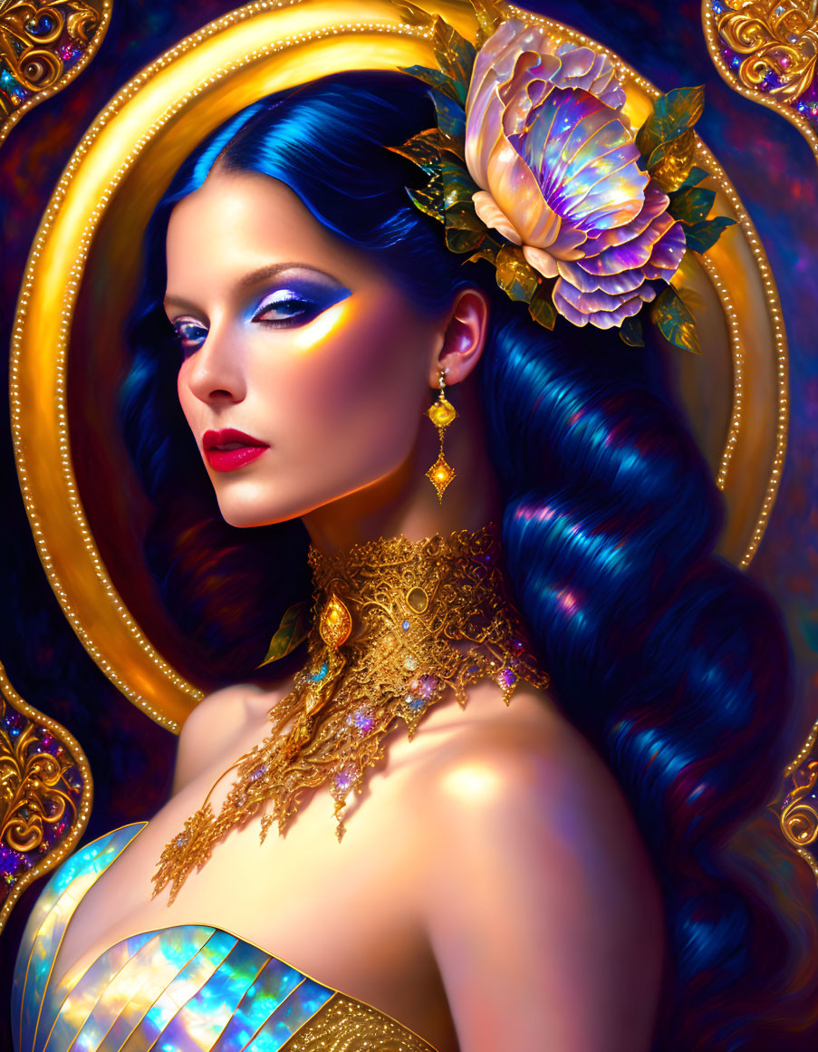 Stylized portrait of woman with blue hair and gold jewelry on ornate golden background