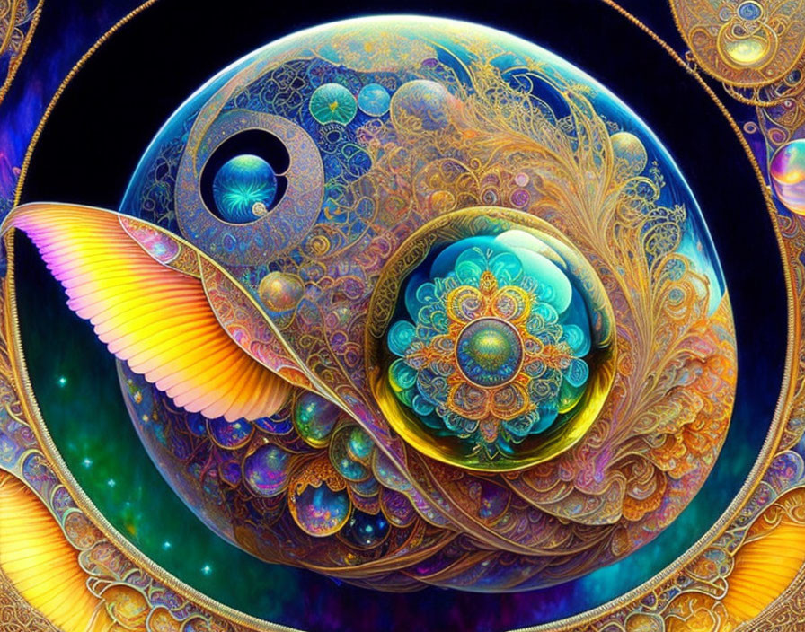 Colorful fractal art with yin-yang symbol and intricate patterns