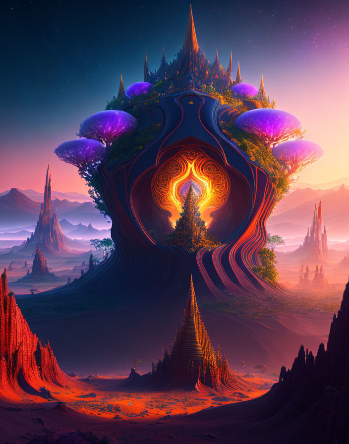 Vibrant surreal fantasy landscape with swirling portal and alien plant life