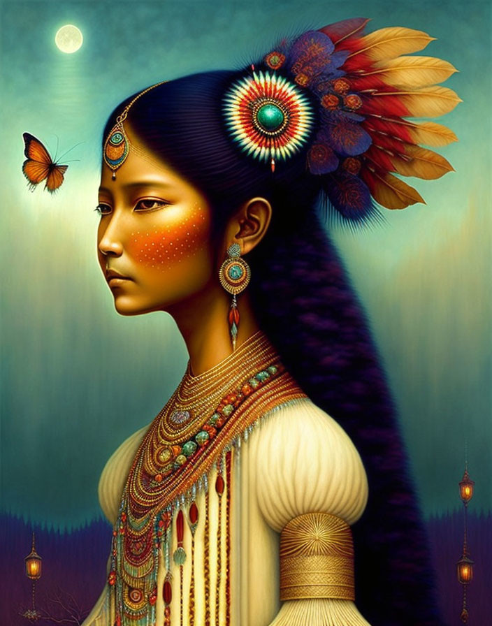 Digital portrait of woman with indigenous features in traditional attire and headdress with feathers and butterfly.