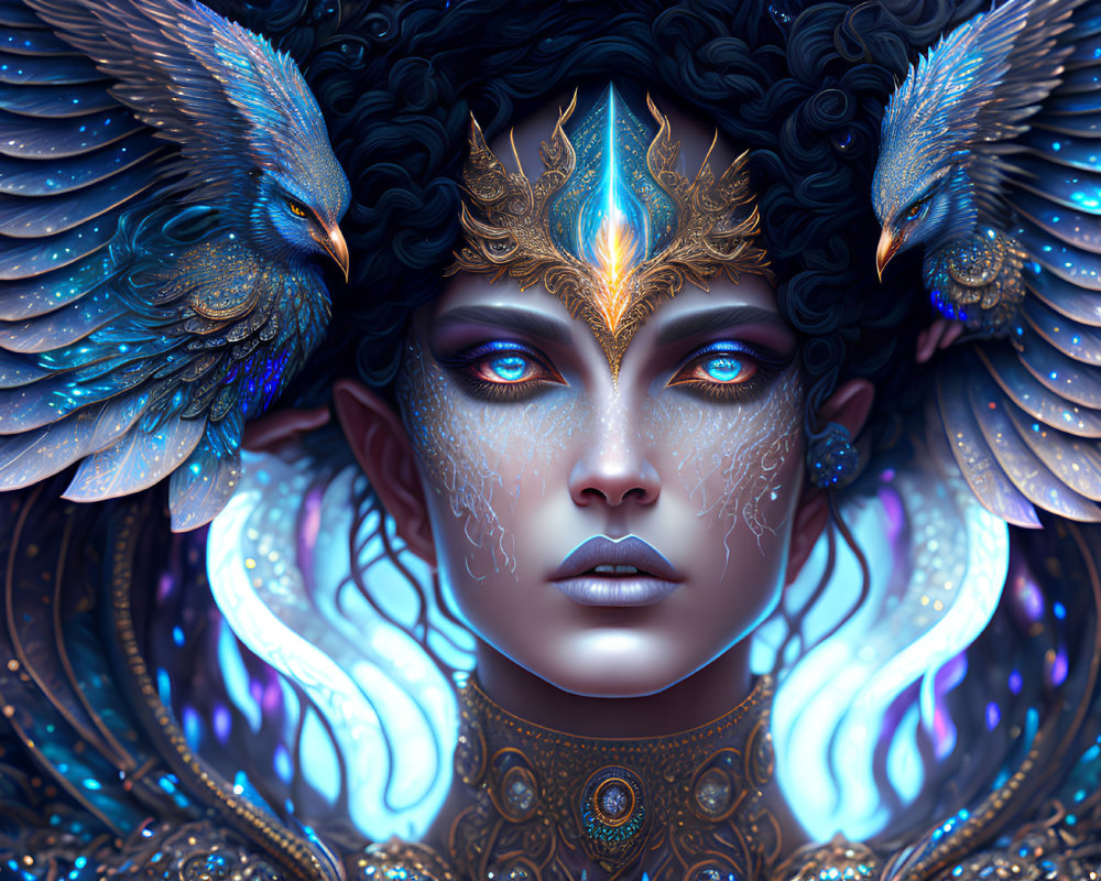 Fantasy portrait of person with blue skin and golden filigree tattoos