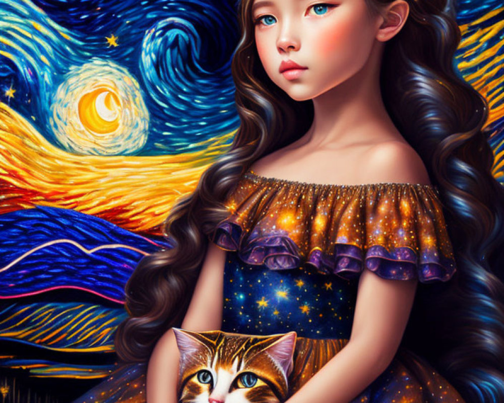 Girl with Cat-like Ears Holding Cat in Galaxy Dress with Starry Night Background