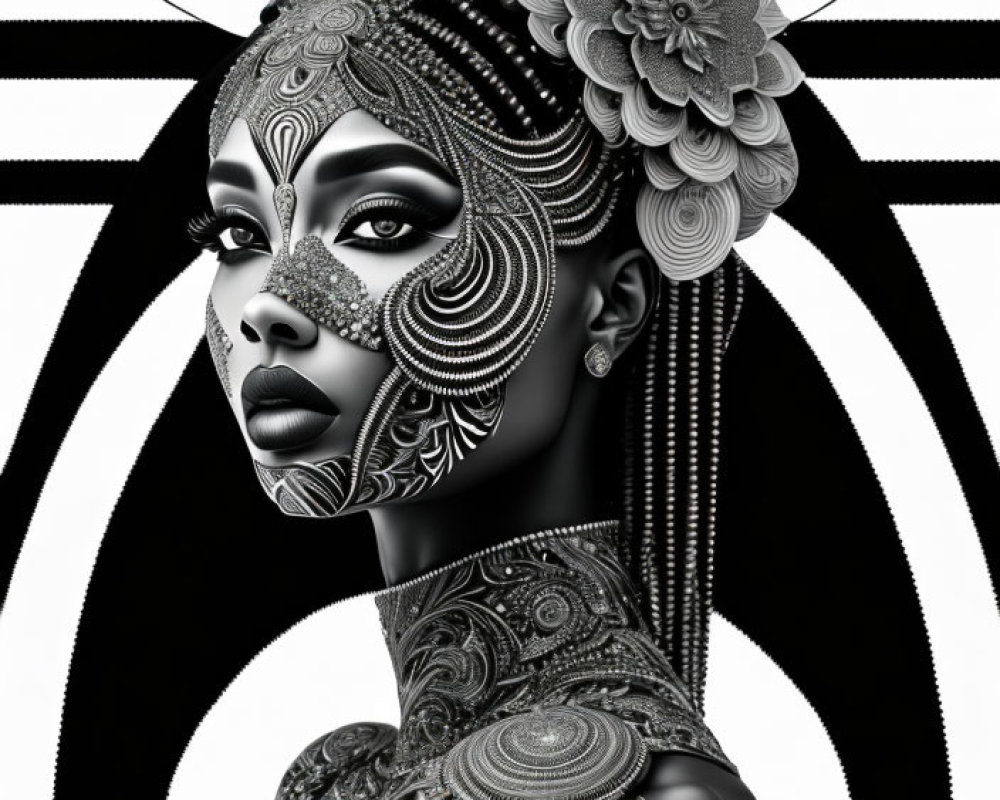 Monochrome digital portrait of woman with intricate patterns on face and body
