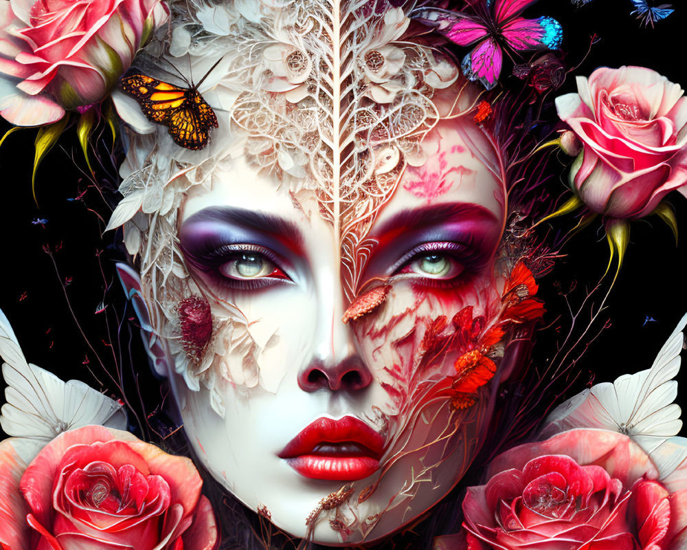 Vibrant surreal portrait with floral and butterfly motifs on a dark background