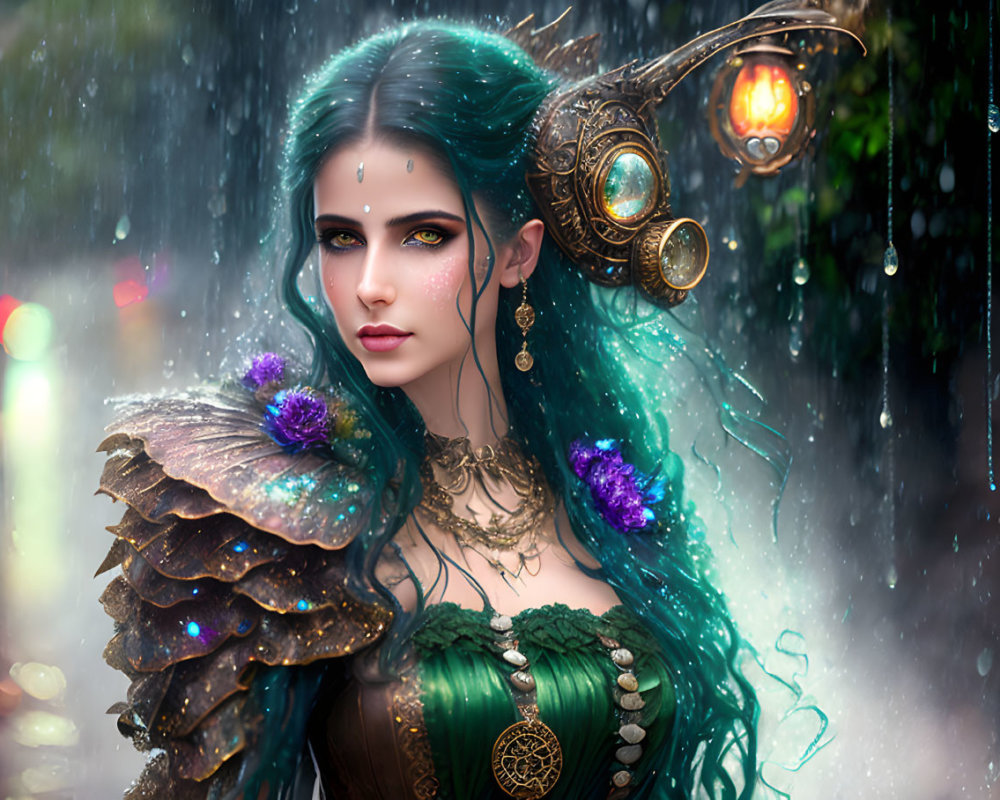 Fantasy artwork: Woman with green hair, ornate armor, glowing headdress, rain backdrop