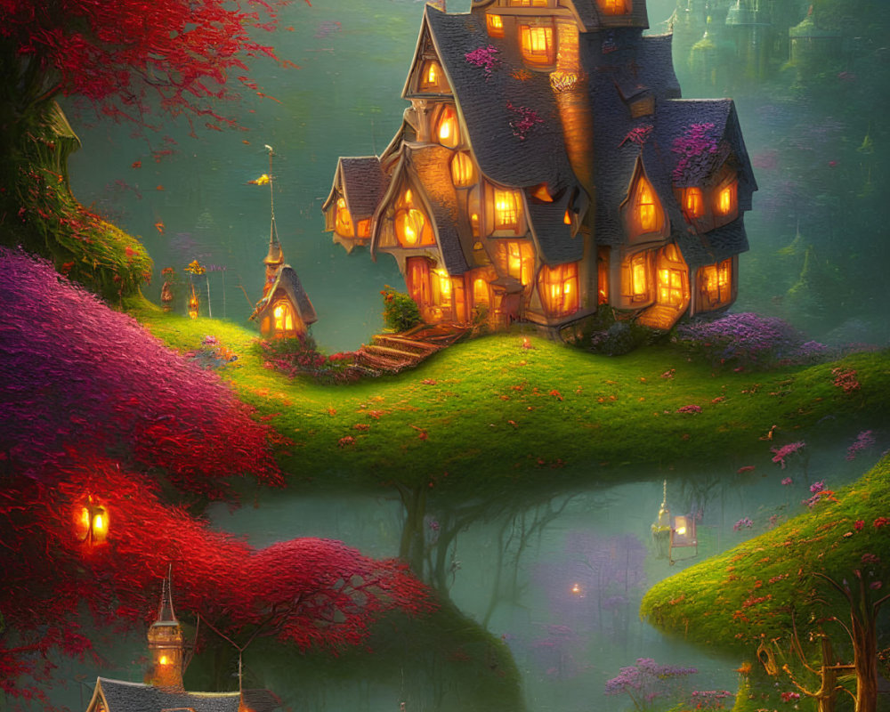 Whimsical house illustration in magical forest with river