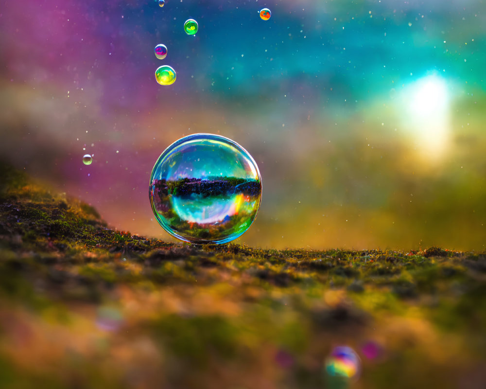 Colorful Soap Bubbles on Mossy Surface with Bokeh Lights