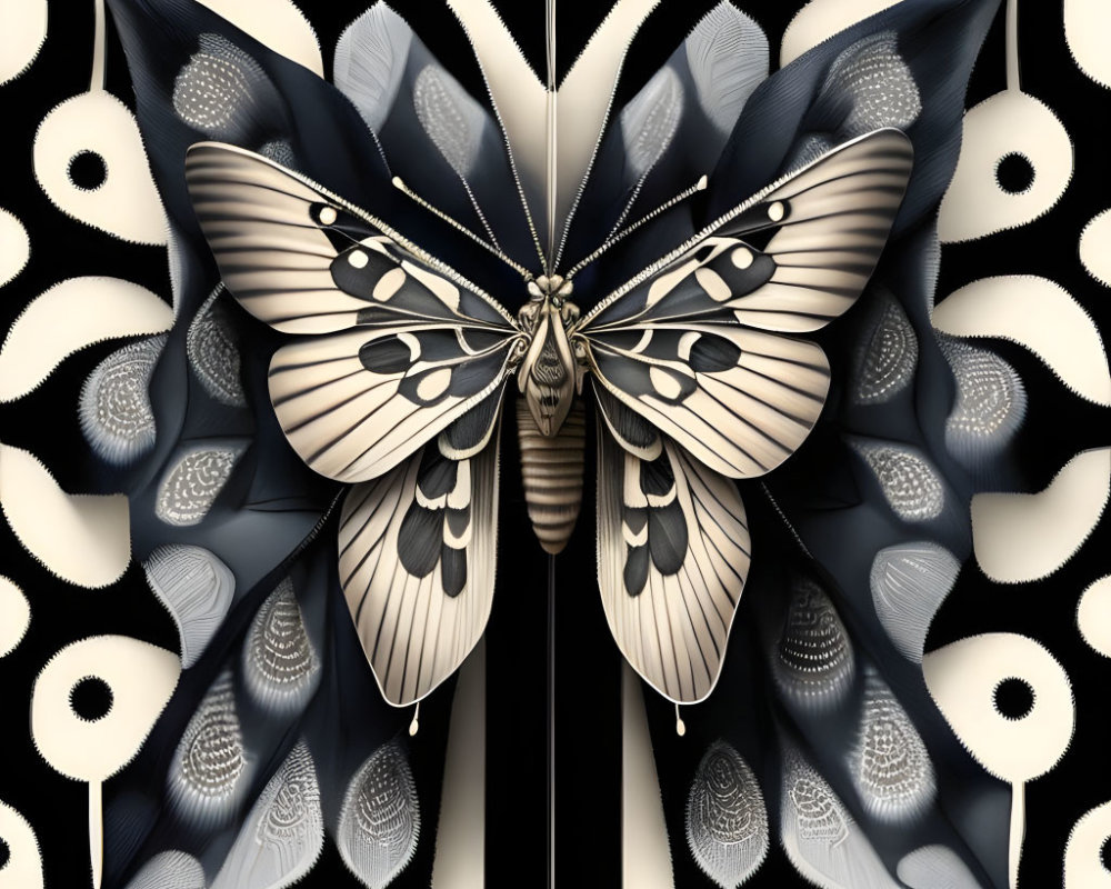 Symmetrical butterfly with intricate wing patterns on abstract background